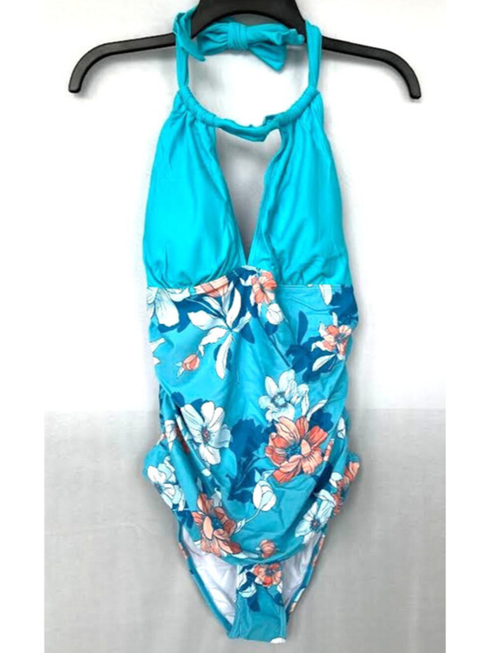 Aqua Eva Plus Size 14W-Aqua Blue And Flowers, 1 Piece *NEW* Ties In Back